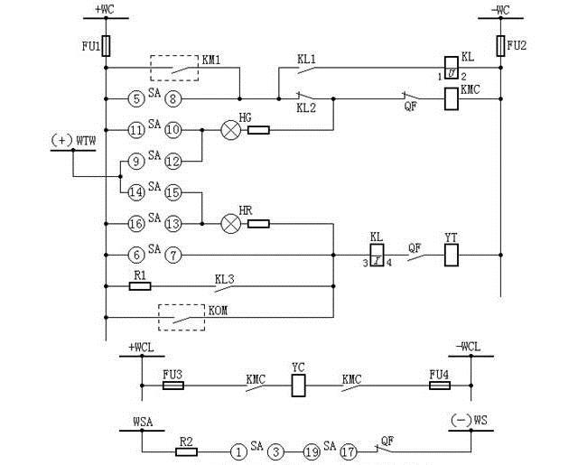 燈光監(jiān)視的斷路器控制回路圖（電磁操作機構(gòu)）