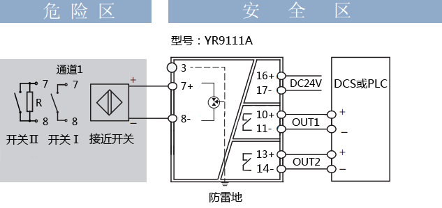 YR9111-EX 和YR9116-EX 開(kāi)關(guān)量安全柵接線圖