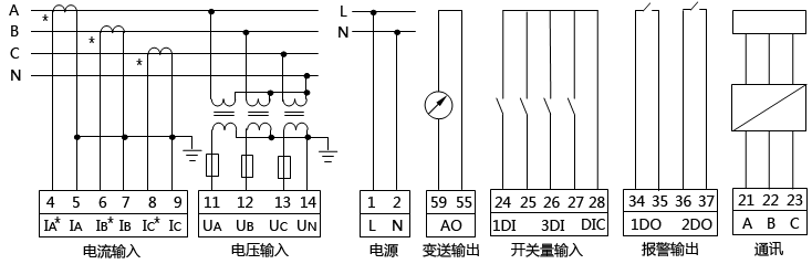 三相四線高壓系統(tǒng)有功功率表接線圖