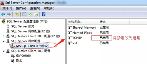 在SQL server配置管理器中開啟TCP/IP