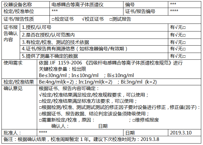 電感耦合等離子體質(zhì)譜儀校準(zhǔn)確認(rèn)記錄