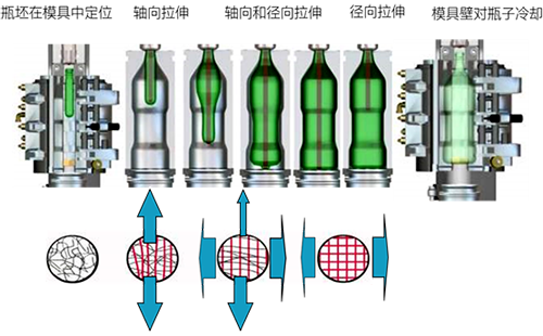 PET瓶的吹制過程中的機械拉伸動作分解